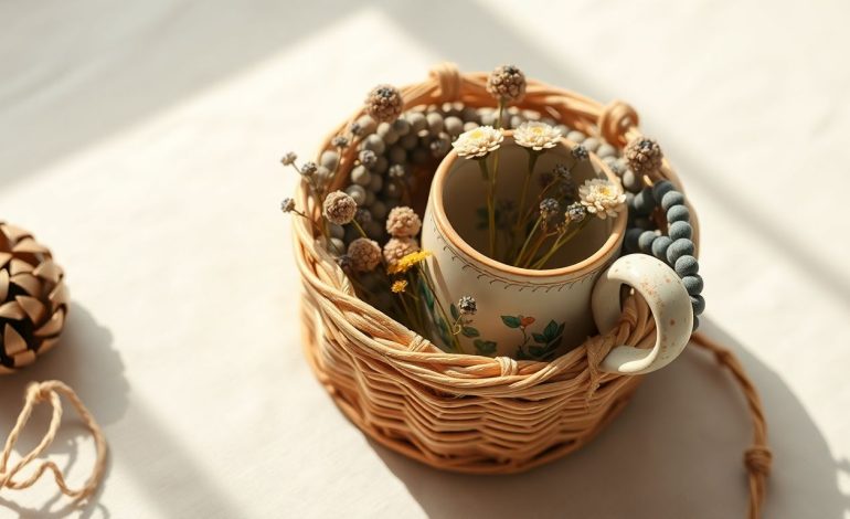 A cozy wicker basket filled with a vintage floral mug, dried flowers, and decorative beads, placed on a softly lit white surface.