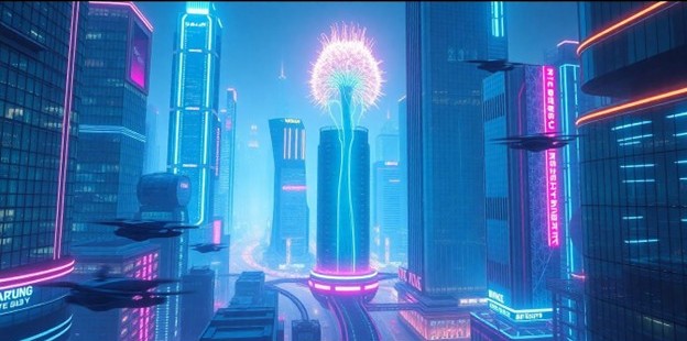 A futuristic cityscape with neon-lit skyscrapers, flying cars, and an advanced digital skyline, representing Cutting-Edge Technology for 2025.