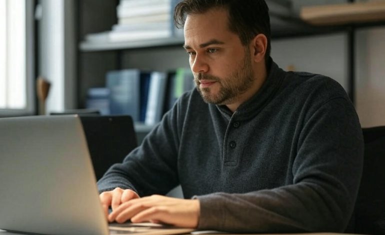 A focused blogger using a laptop to implement AI blogging tips, surrounded by books and a modern office setup, enhancing blog content in 2025