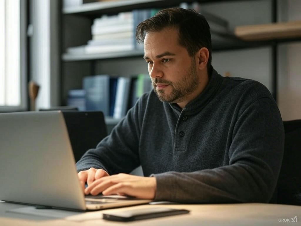 A focused blogger using a laptop to implement AI blogging tips, surrounded by books and a modern office setup, enhancing blog content in 2025