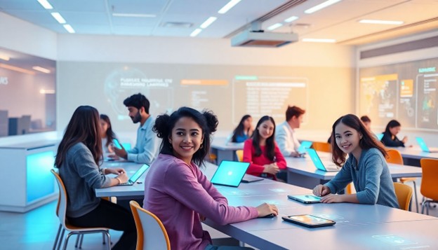 Students in a futuristic AI-powered classroom using tablets and laptops.