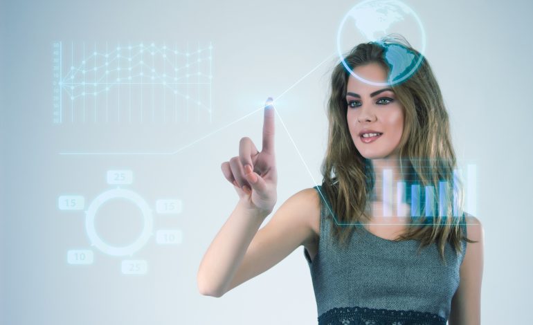 Businesswoman interacting with futuristic digital marketing interface featuring data analytics and automation.