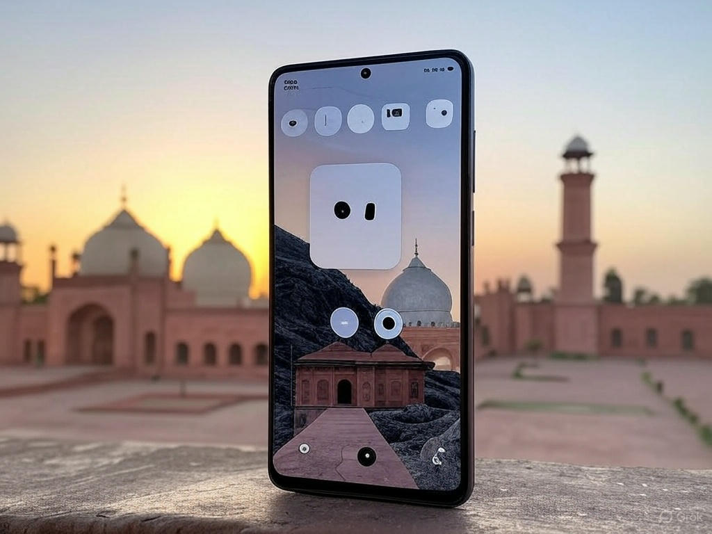 "Xiaomi Redmi Note 14 in Midnight Black with 200MP camera, AMOLED display, and 5000mAh battery, set against Badshahi Mosque in Pakistan 2025