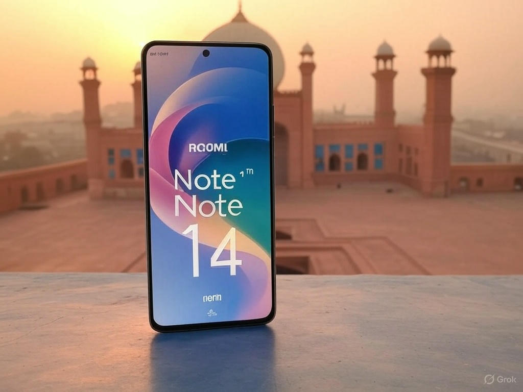 "Xiaomi Redmi Note 14 in Midnight Black with 200MP camera, AMOLED display, and 5000mAh battery, set against Badshahi Mosque in Pakistan 2025
