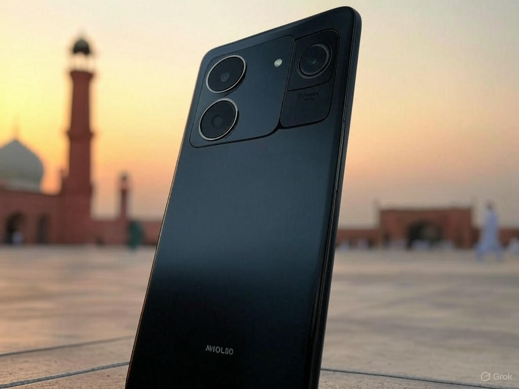 "Xiaomi Redmi Note 14 in Aurora Purple with 200MP camera, AMOLED display, and 5000mAh battery, set against Taj Mahal in India 2025."