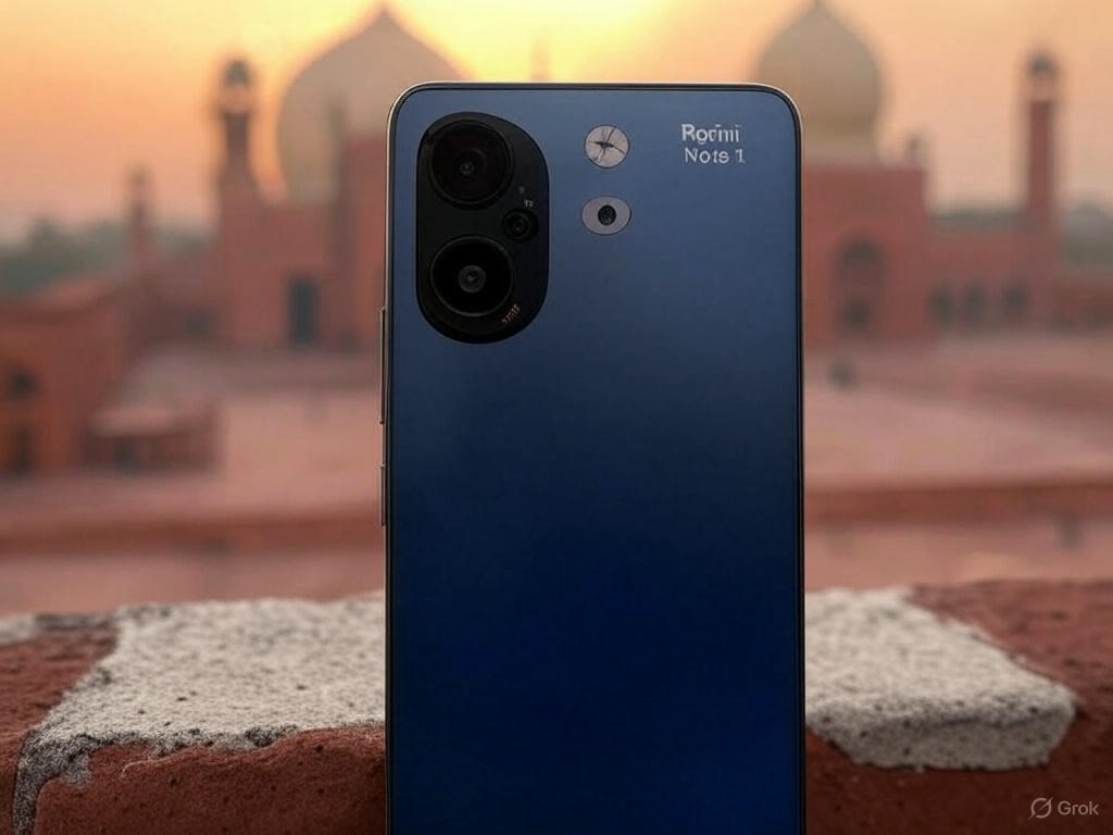 "Xiaomi Redmi Note 14 in Ocean Blue with 200MP camera, AMOLED display, and 5000mAh battery, set against Quetta mountains in Pakistan 2025."