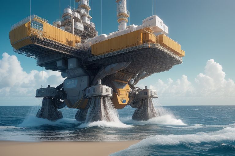 advanced offshore technology with AI-driven robots performing maintenance, digital twin models of platforms, and corrosion-resistant materials in an oceanic environment