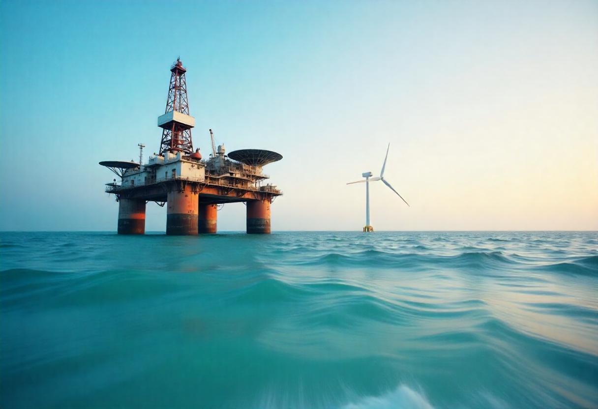 deep offshore oil rig in the Gulf of Mexico, surrounded by ocean waves, with an offshore wind turbine in the distance, symbolizing sustainable energy production.
