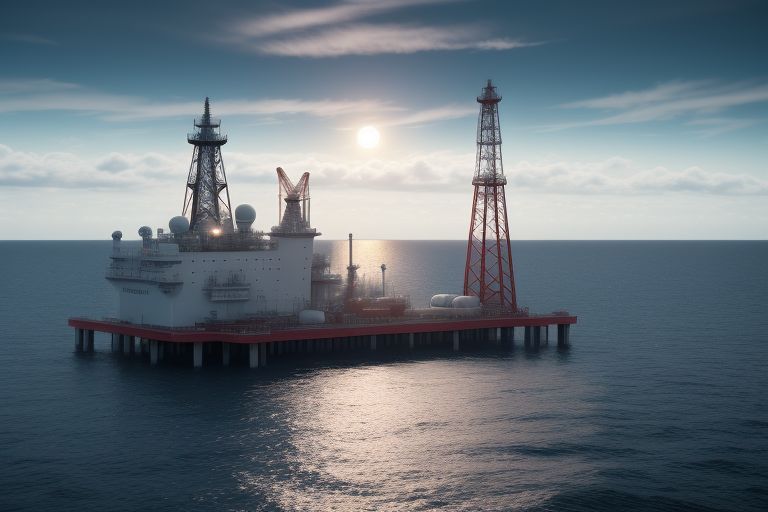 drilling operation in the ocean, highlighting complex machinery, marine life, and a clear sky