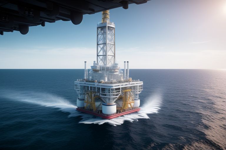 drilling rig in the middle of the ocean, surrounded by high-tech robotics, AI systems, and ocean waves, highlighting the cutting-edge technology of deep-sea energy extraction